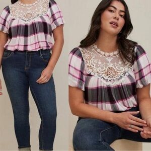 Torrid Crinkle Gauze Crochet Trim Detail Top Purple Plaid Boho Style Festival